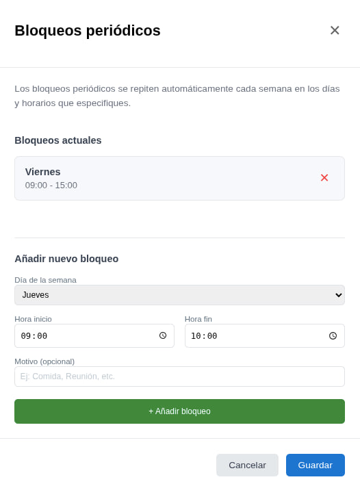 Ventana Bloqueos periódicos con los bloqueos actuales y el formulario para añadir uno nuevo