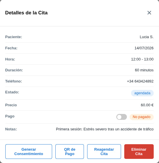 Detalles de una cita aún no realizada con los botones Generar Consentimiento y Reagendar Cita