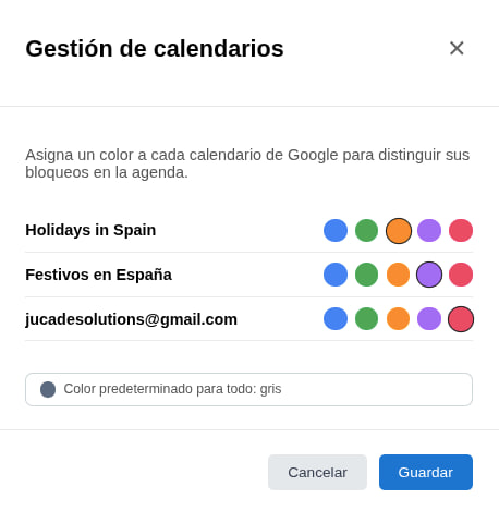 Ventana Gestión de calendarios asignando un color a cada calendario de Google