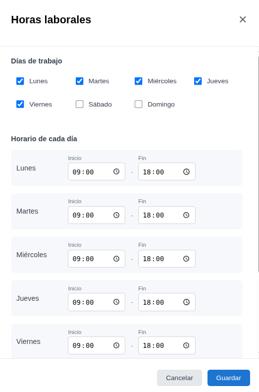 Ventana Horas laborales con los días de trabajo y el horario de inicio y fin de cada día