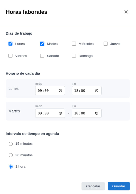 Opción Intervalo de tiempo en agenda con 15 minutos, 30 minutos y 1 hora