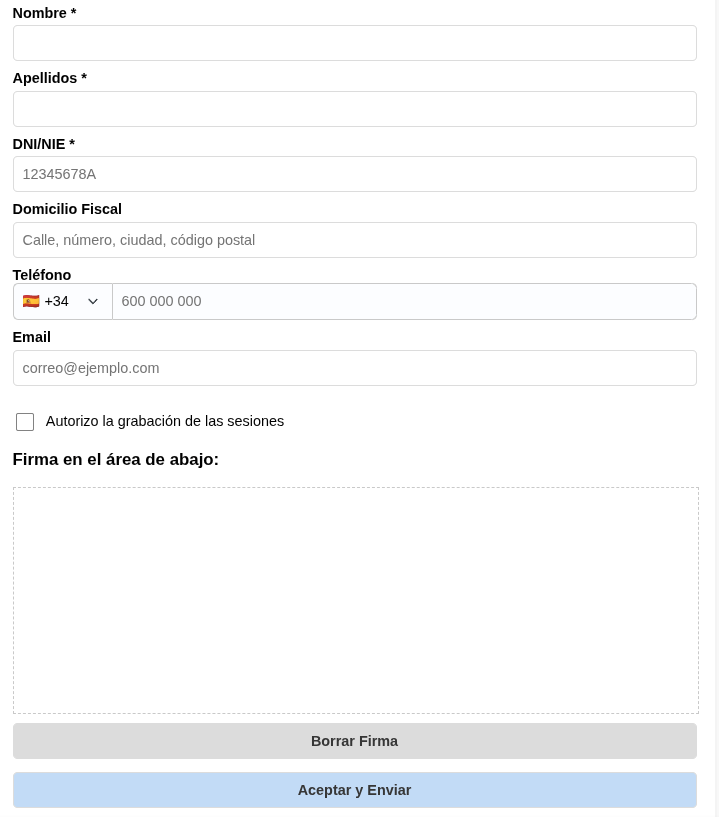 Formulario de consentimiento informado con datos del paciente y área de firma