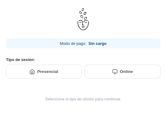 Pantalla de reserva del paciente eligiendo tipo de sesión Presencial u Online