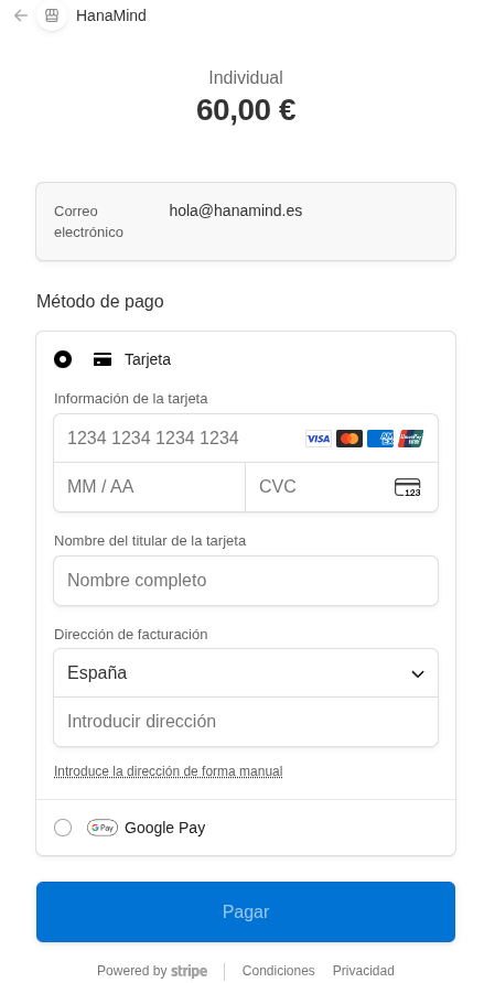 Pantalla de pago con tarjeta (Stripe) antes de agendar la cita