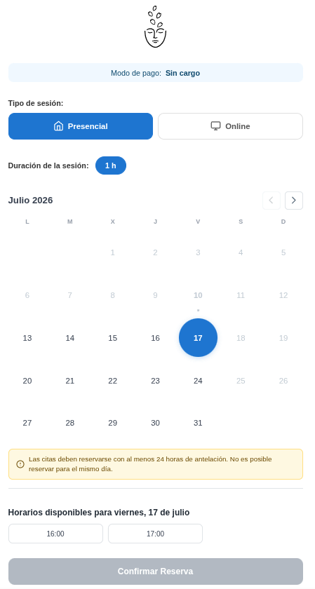 Pantalla de reserva con duración, calendario y horarios disponibles