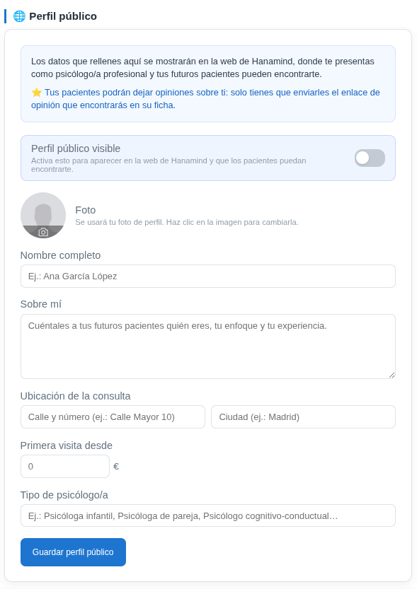Pantalla de Perfil público con el interruptor Perfil público visible y los campos a rellenar