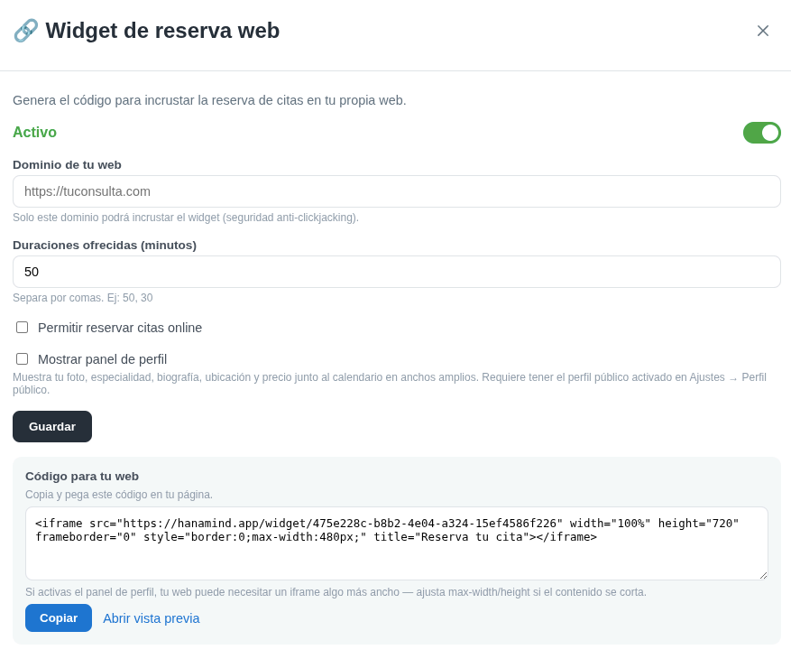 Configuración del widget: interruptor Activo, dominio, duraciones, opciones y código para copiar