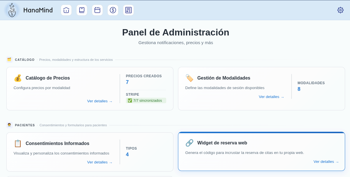 Panel de Administración con la tarjeta Widget de reserva web