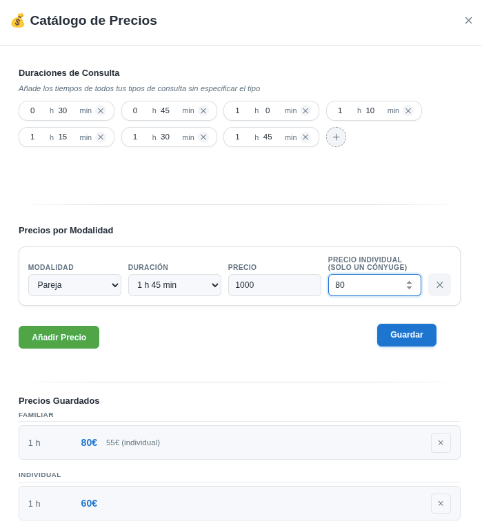 Formulario Añadir Precio para la modalidad Pareja con precio y precio individual (solo un cónyuge)