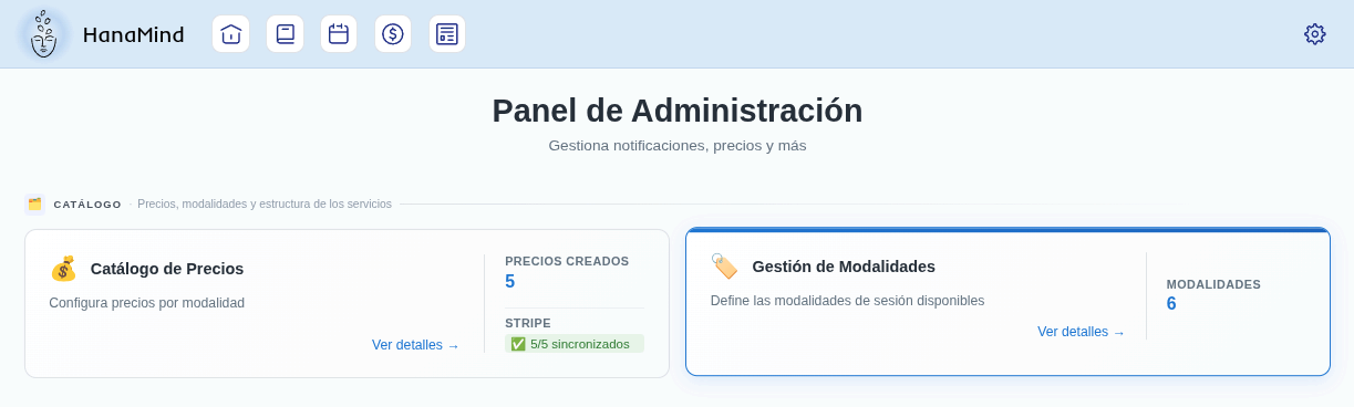 Panel de Administración con la tarjeta Gestión de Modalidades resaltada